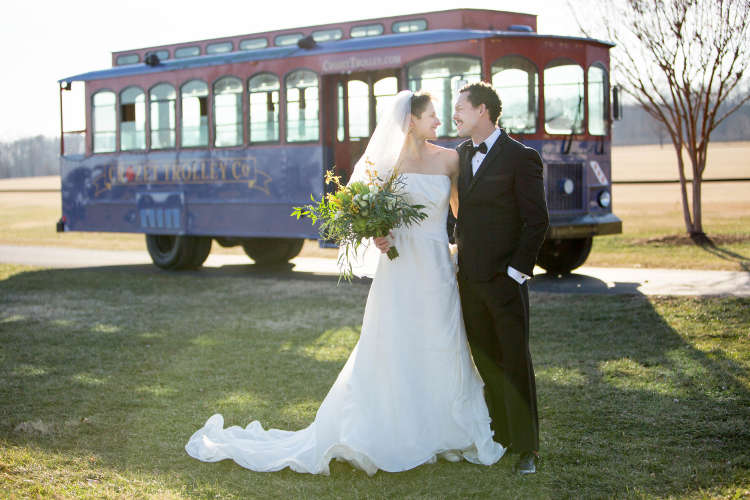 Wedding couple in front of trolley